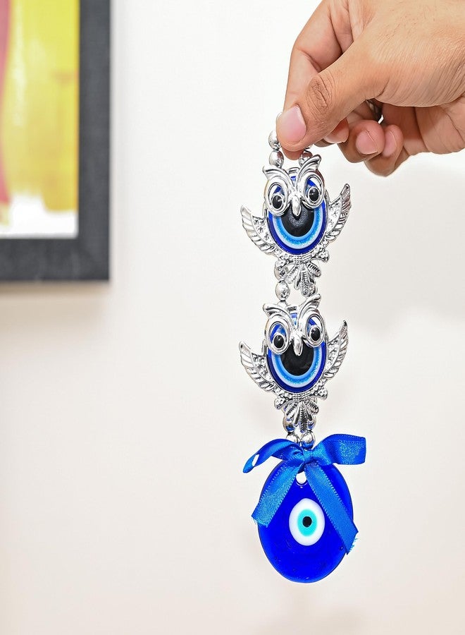 Hindcraft Hanging Decoration Items - 2 Owls Evil Eye Nazar Battu Hanging Showpiece | Protection Amulet for Home, Office & Car | Stylish Silver & Blue Good Luck Charm for Living Room Decor - Image 4